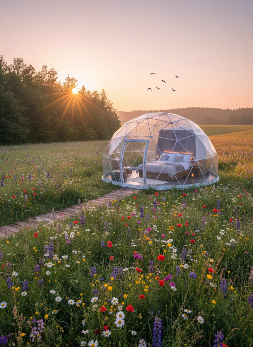 Modern geodesic dome glamping in a meadow surrounded by wildflowers and forest edge, sunrise light, tranquil setting, no text