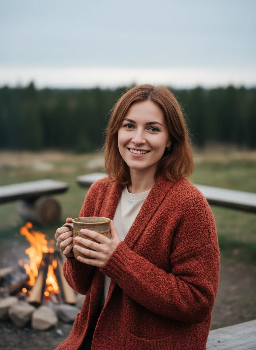 Portrait of a Russian woman in her late twenties, nature guide and cook, warm friendly smile, outdoor campfire background, no text