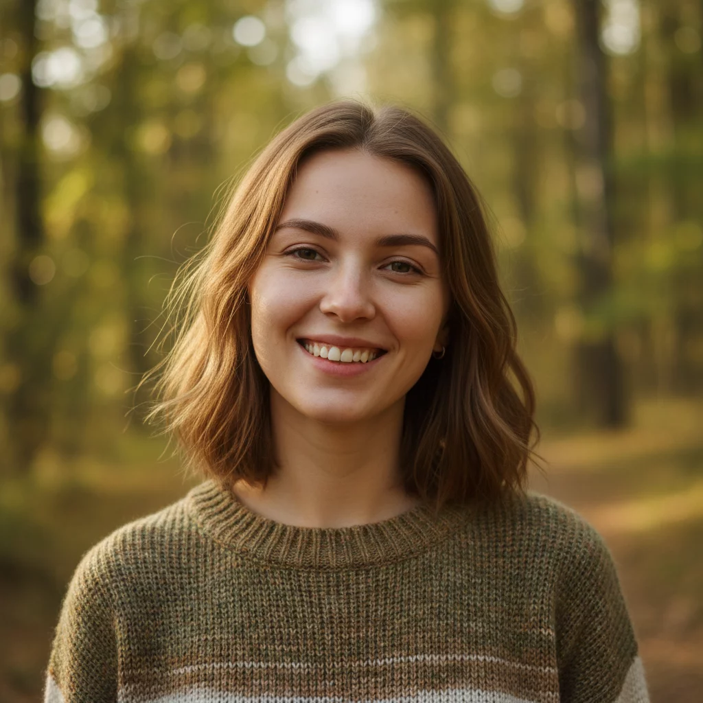 Portrait of a young Russian woman with light brown hair, natural look, warm smile, outdoor natural lighting, no text