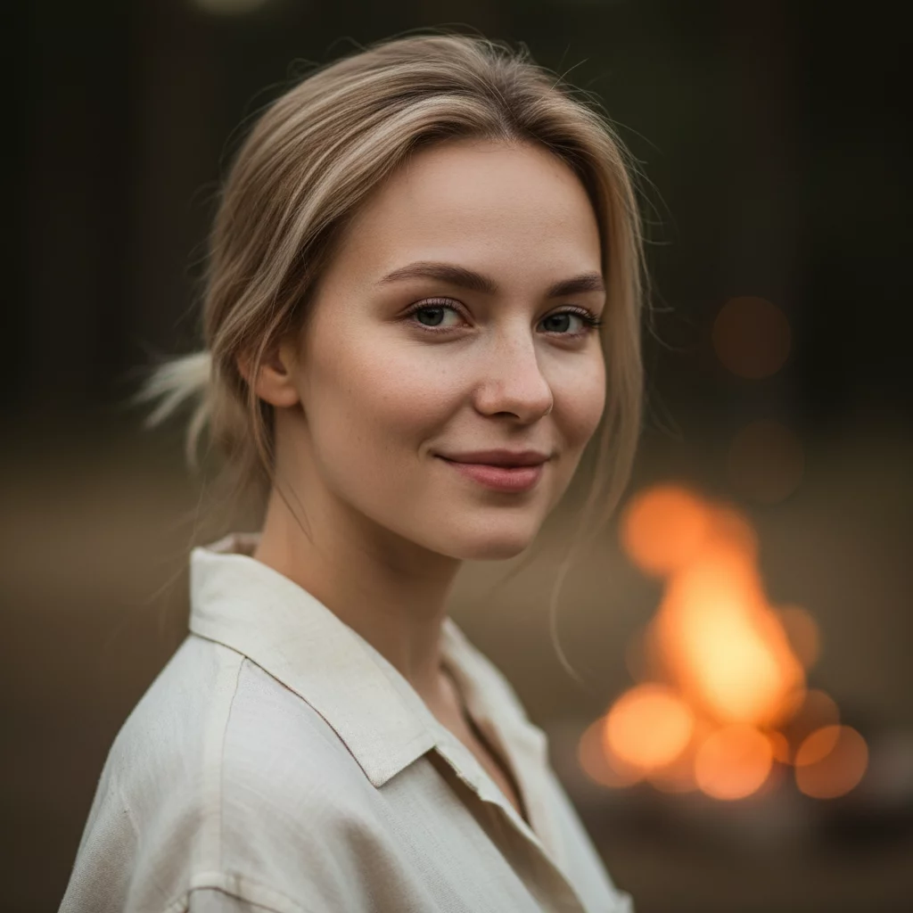 Portrait of a Russian woman in her late twenties with blonde hair, gentle smile, natural beauty, soft lighting, no text