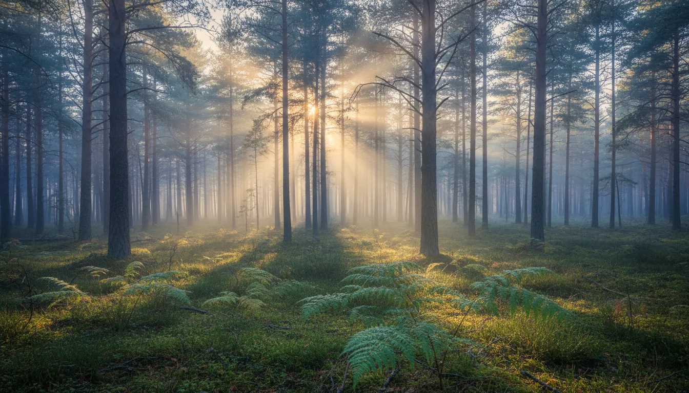 Misty forest at dawn with sunlight filtering through tall pine trees, serene and peaceful atmosphere, no text