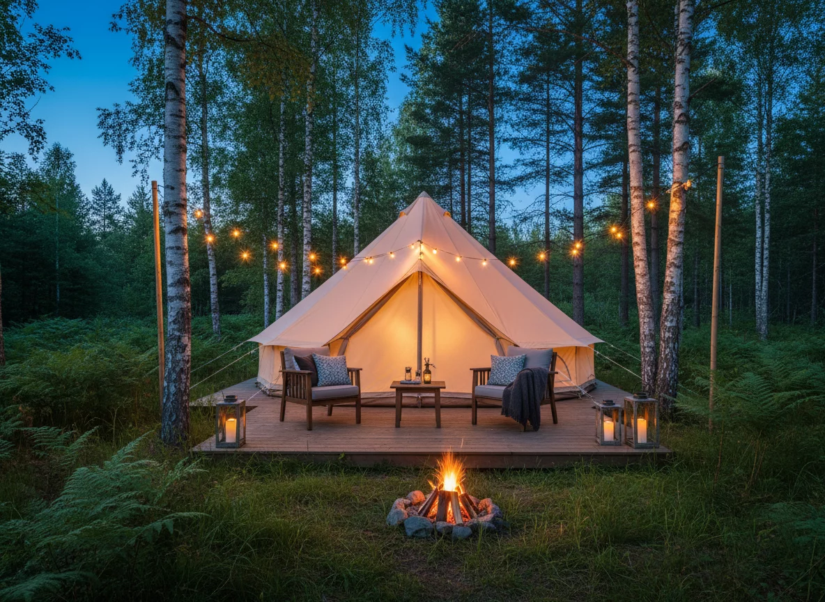 Cozy glamping tent in a forest clearing surrounded by birch trees, warm lighting inside, peaceful nature retreat atmosphere, no text